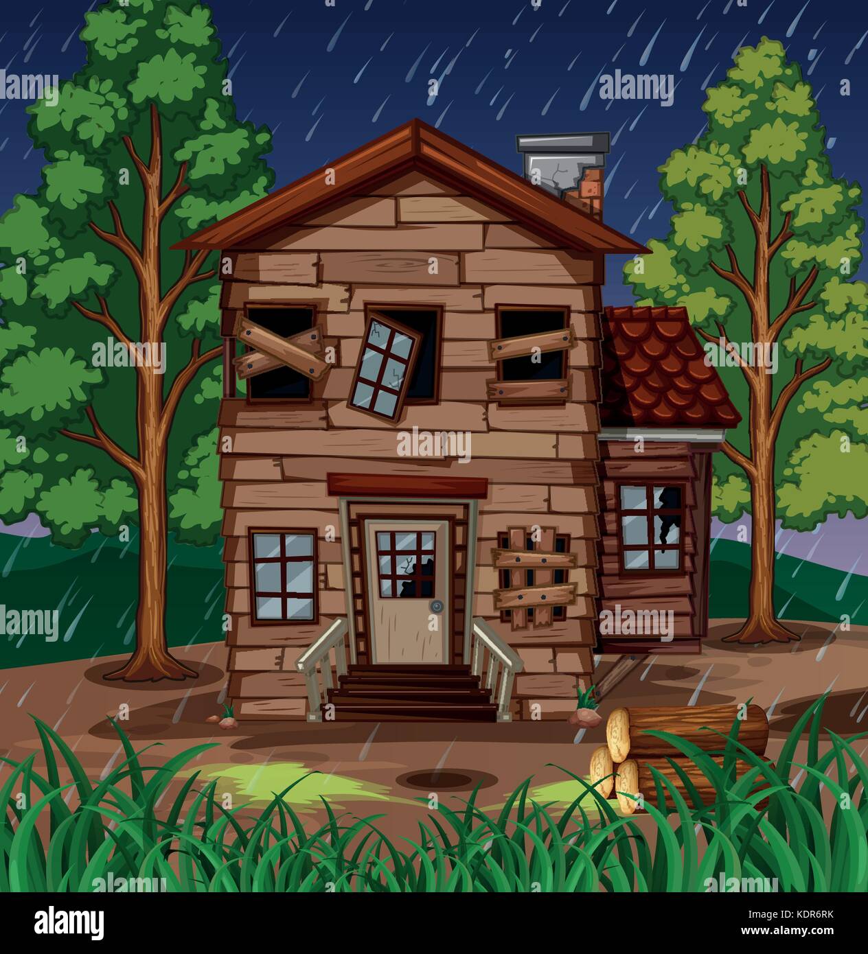 Scène avec une maison en bois avec des fenêtres cassées illustration Illustration de Vecteur