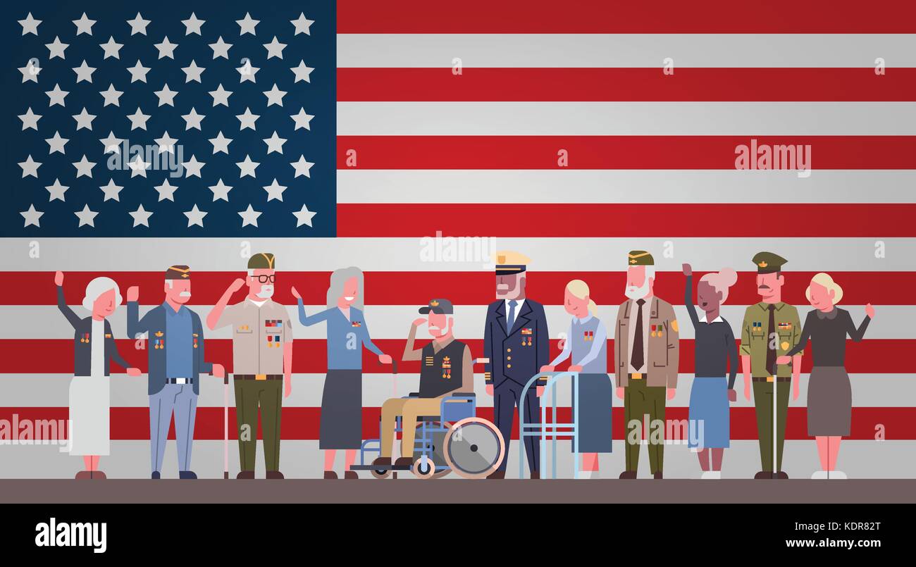 Célébration de la journée des anciens combattants américains national maison de bannière avec un groupe de personnes de plus de militaires à la retraite usa flag background Illustration de Vecteur