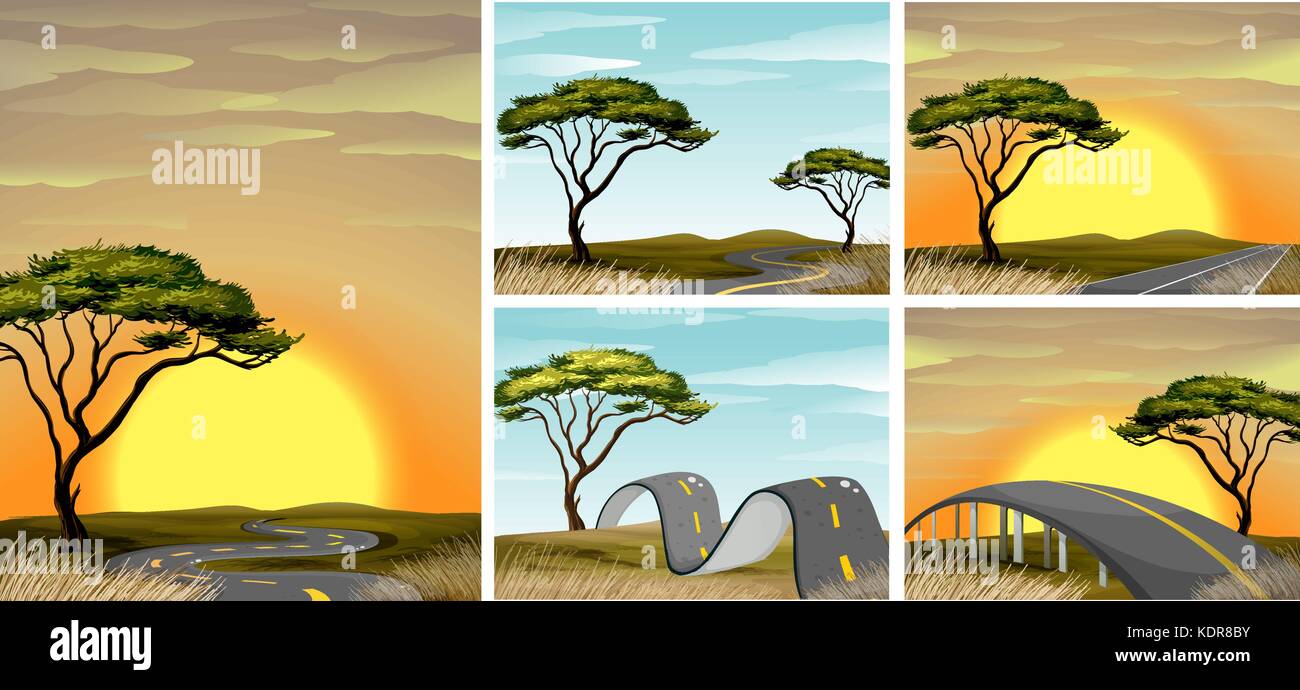 Scènes de la route dans le champ de la savane au coucher du soleil illustration Illustration de Vecteur