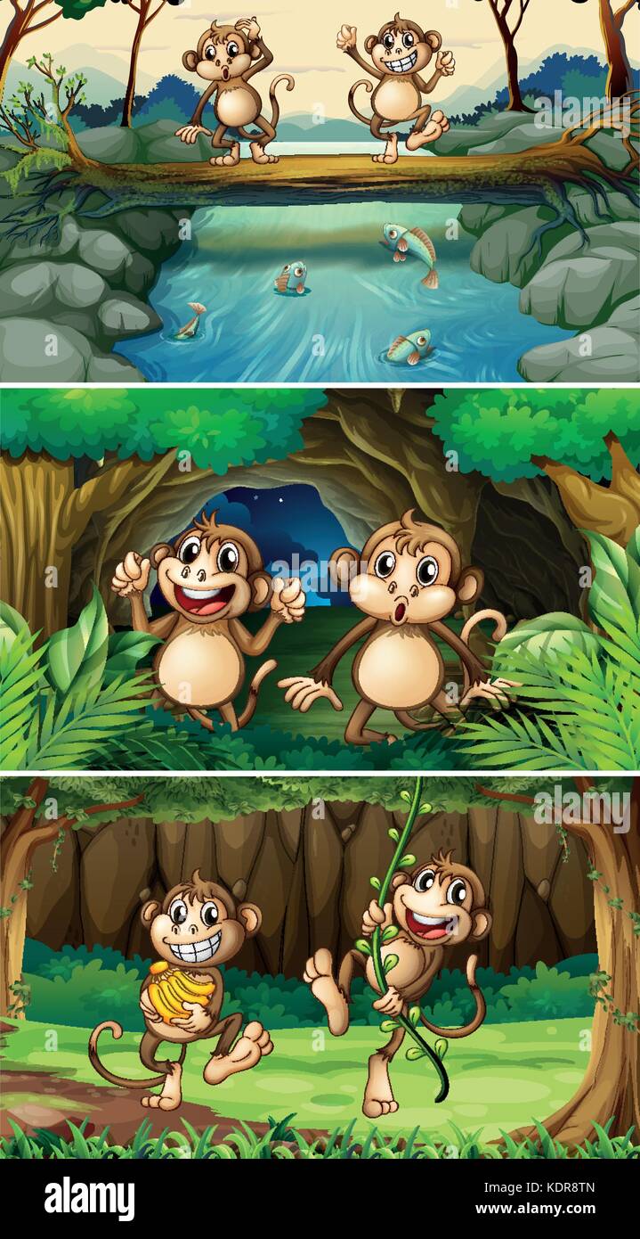 Trois scènes avec des singes en forêt illustration Illustration de Vecteur
