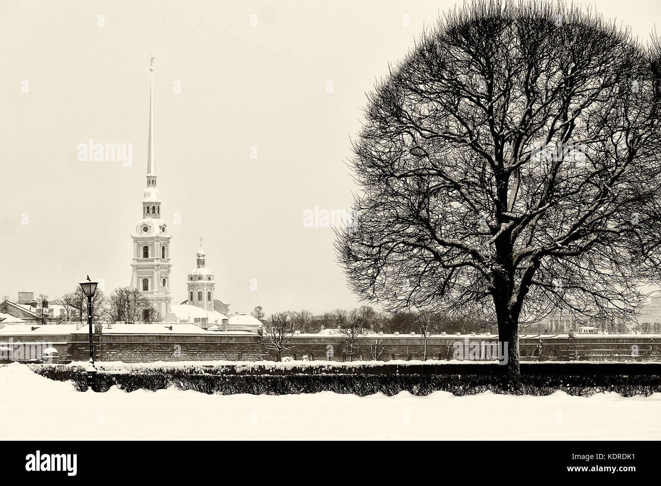 Monument touristique à saint Petersburg, Russie : la forteresse Pierre et Paul et de la cathédrale par une journée d'hiver avec beaucoup de neige autour. rétro noir et blanc p Banque D'Images