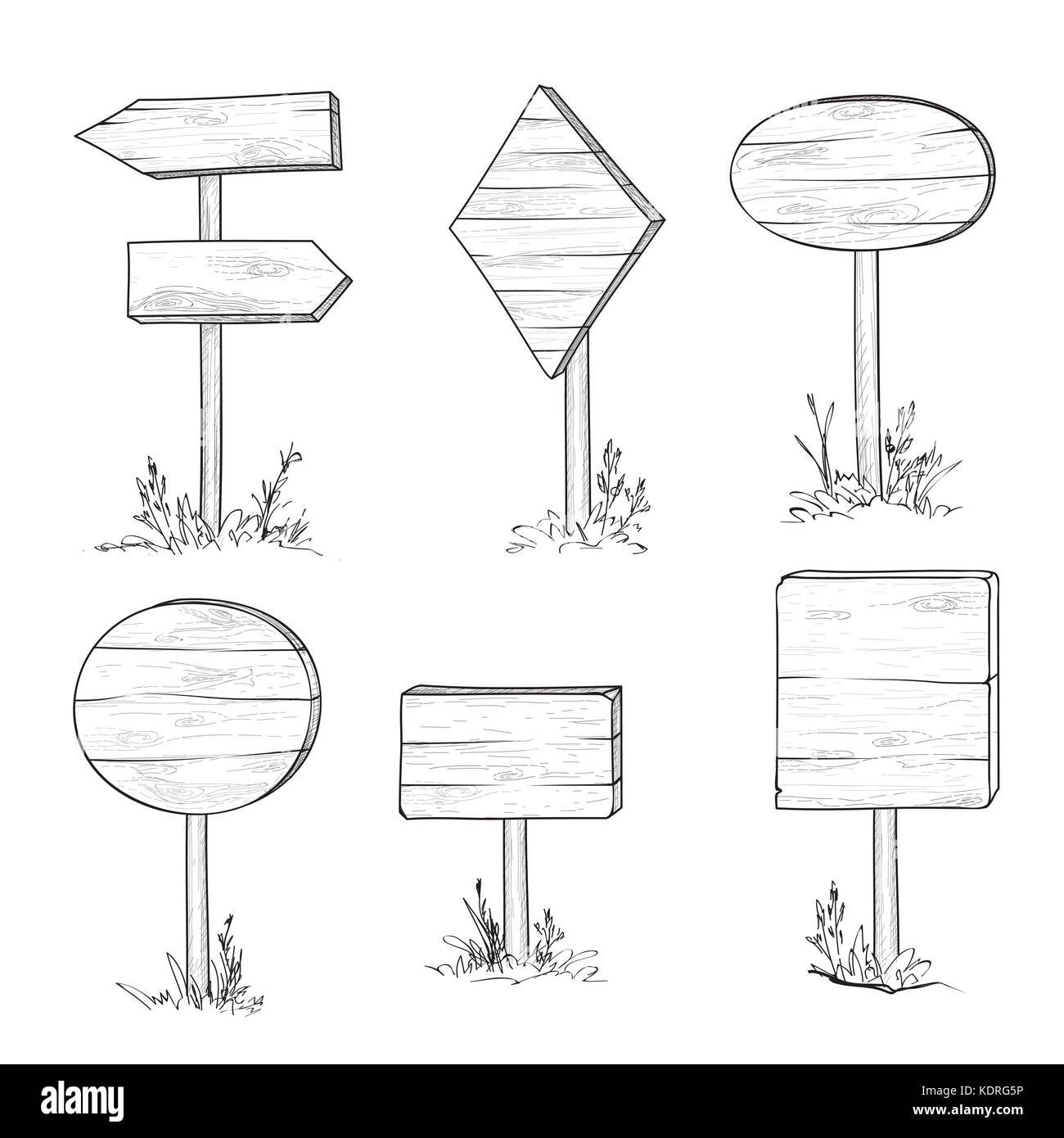 Jeu de doodle élégant panneau routier en bois et flèche. gravure rétro de planches. hand drawn pointeur, PANCARTE, PANNEAU doodle style Illustration de Vecteur