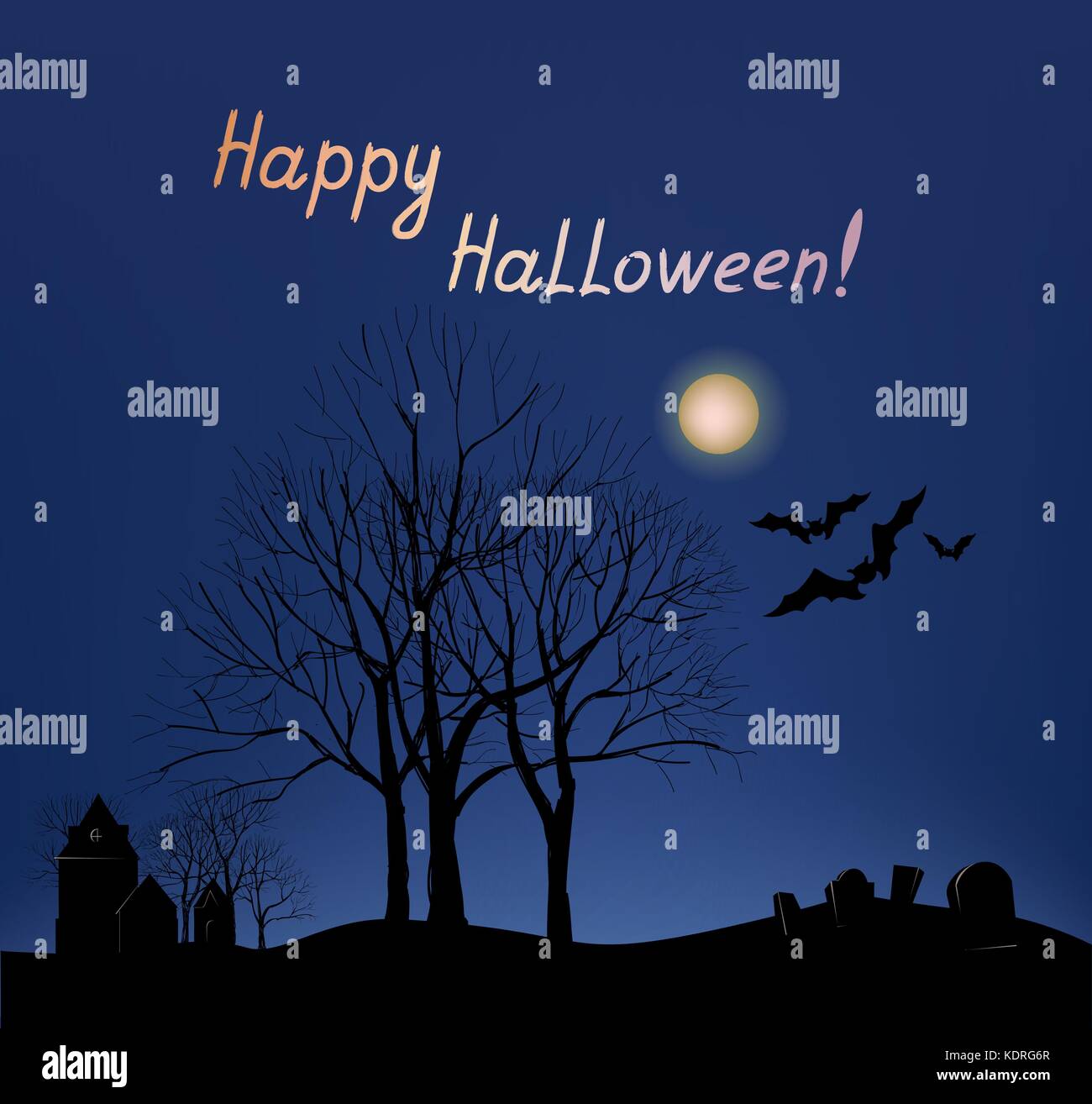 Happy Halloween Greeting card background. maison de vacances paysage avec grave yard Illustration de Vecteur