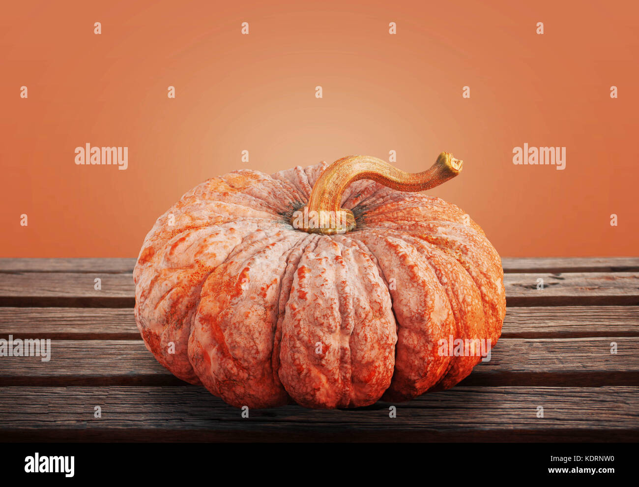 Pumpkin sur bois avec fond orange. Banque D'Images