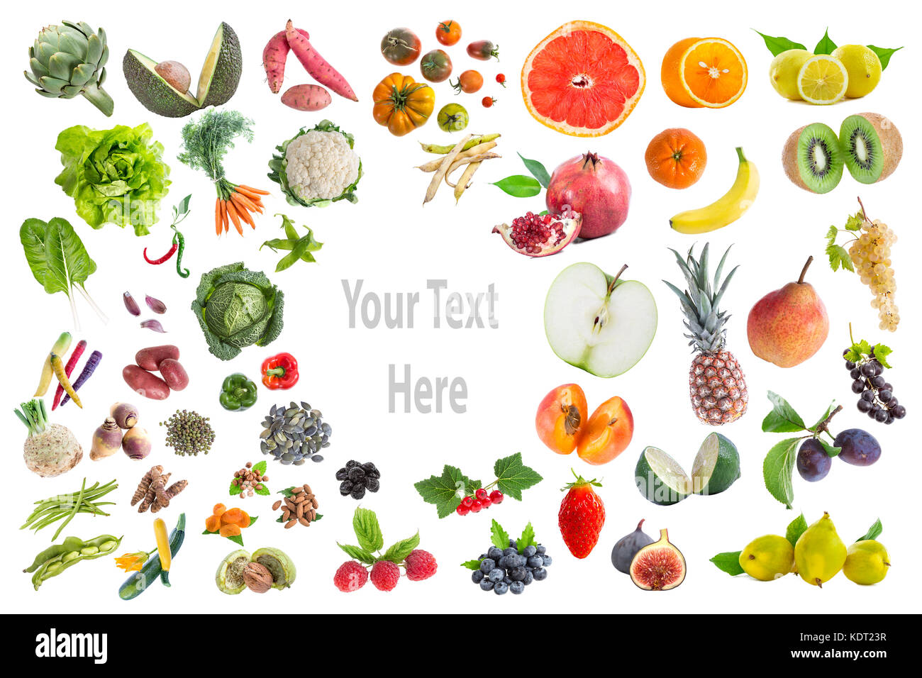 Concept d'une alimentation saine, de divers fruits et légumes à manger cinq par jour sur withte avec arrière-plan copie-txte au milieu Banque D'Images