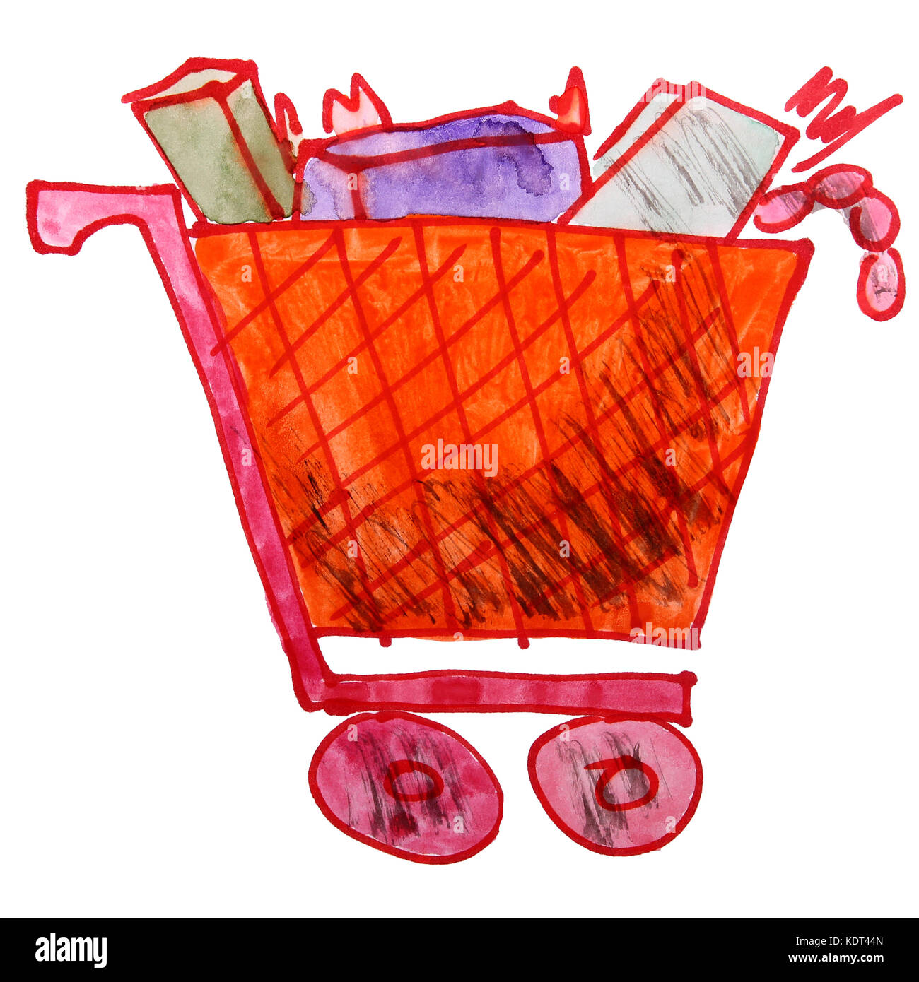 Un dessin aquarelle dessin animé enfants trolley produits sur une brindille Banque D'Images