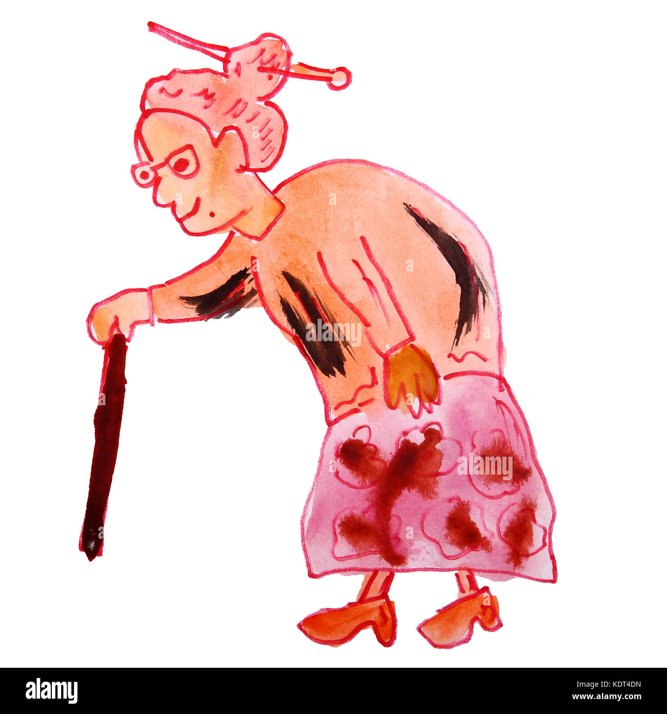 Aquarelle Dessin enfants cartoon vieille femme sur fond blanc Banque D'Images