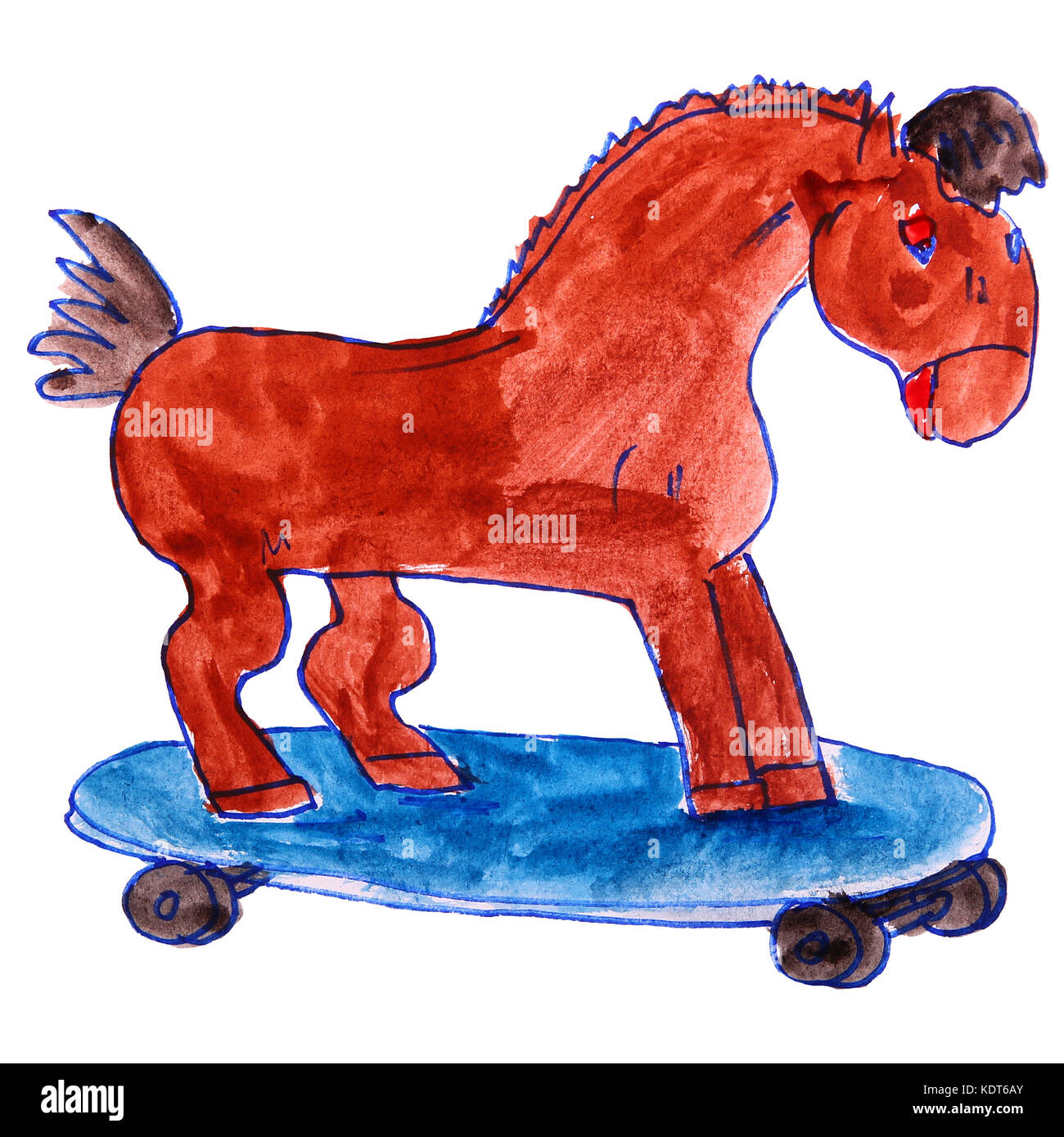 Les enfants dessin cheval aquarelle, dessin animé toy sur une zone blanche Banque D'Images