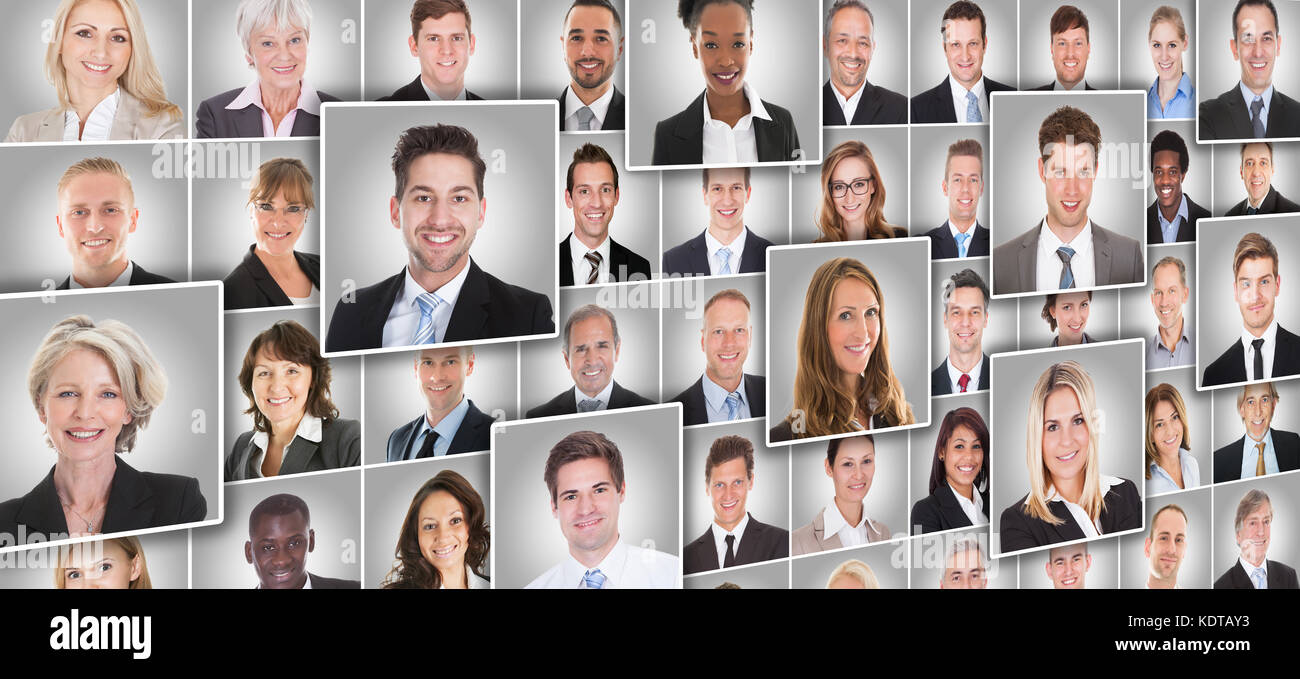Collage Of Smiling Portraits de gens d'affaires diversifié sur fond gris Banque D'Images
