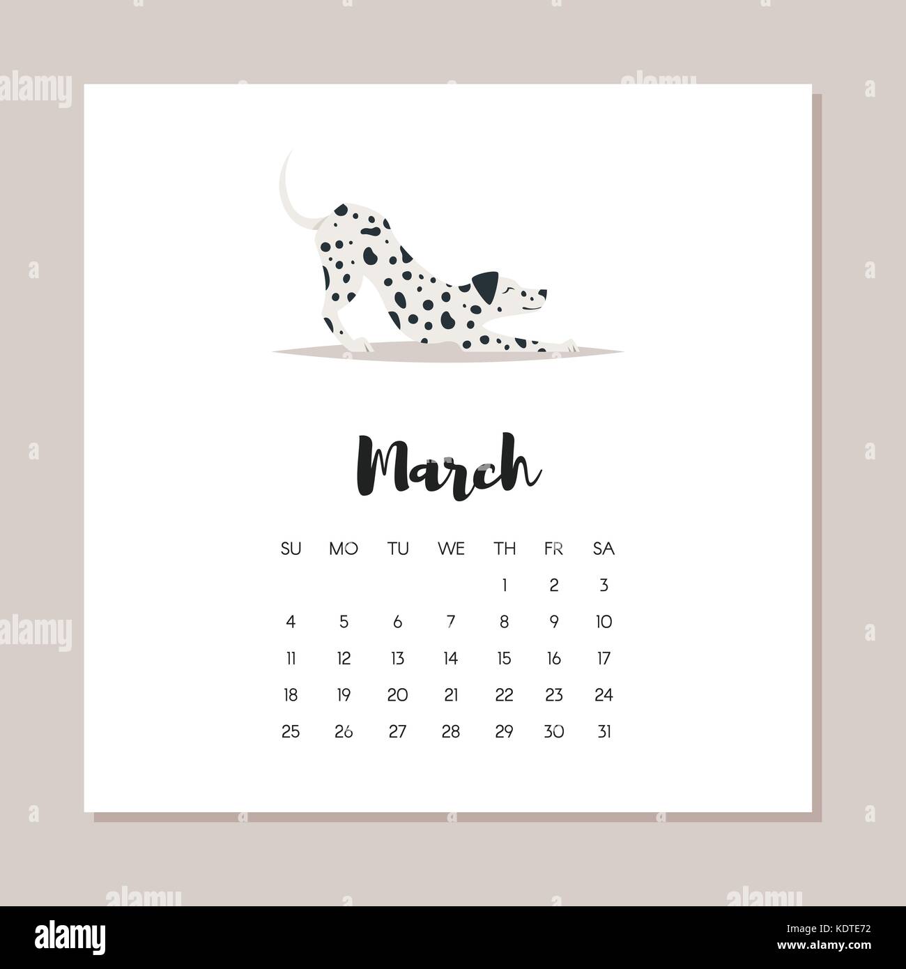 Vector cartoon style illustration de mars 2018 Calendrier de l'année du chien. isolé sur fond blanc. modèle pour imprimer. Illustration de Vecteur