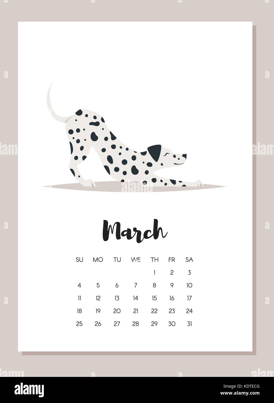 Vector cartoon style illustration de chien dalmatien mars Calendrier de l'année 2018. page isolé sur fond blanc. modèle pour imprimer. Illustration de Vecteur