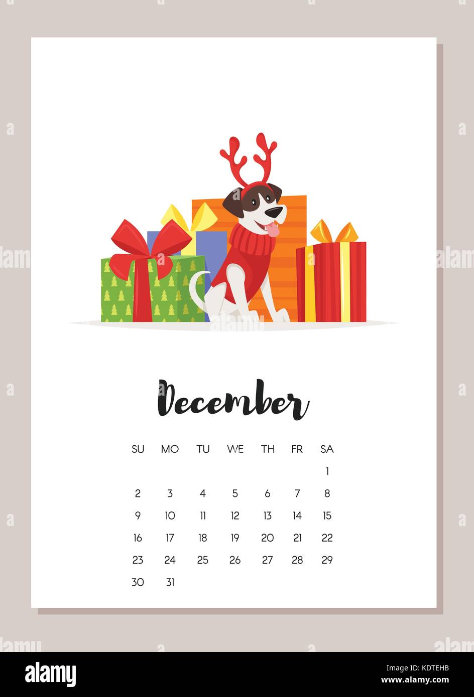 Vector cartoon style illustration de chien décembre 2018 Calendrier de l'année. isolé sur fond blanc. modèle pour imprimer. Illustration de Vecteur