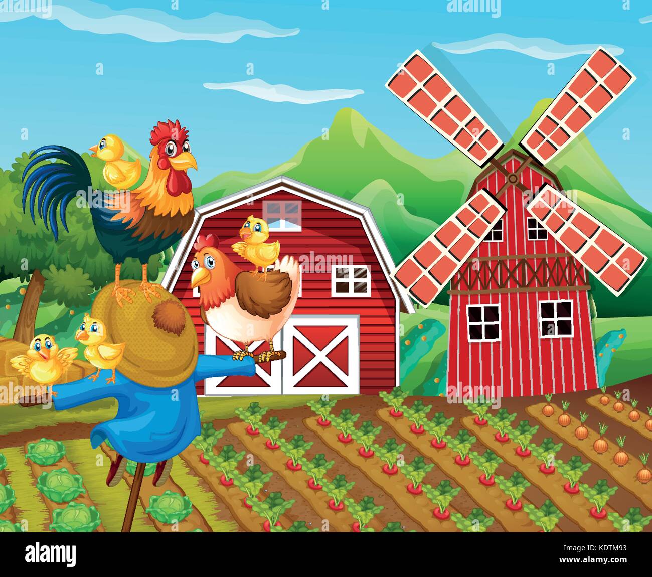 Scène de ferme avec des poulets et l'épouvantail illustration Illustration de Vecteur