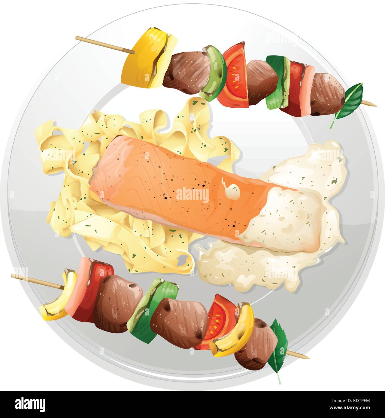 Filet de saumon et pâtes avec deux bbq boeuf sur la plaque illustration Illustration de Vecteur