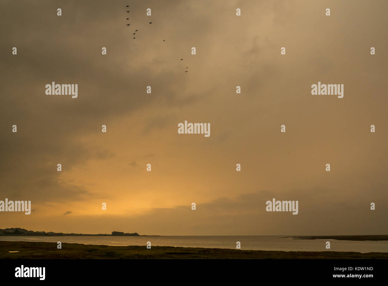 East Lothian, Écosse, Royaume-Uni, 16 octobre 2017. Un ciel gris foncé à la réserve naturelle d'Aberlady, comme la nuit mais au milieu de la journée, avec une lueur orange dans les nuages, avant Storm Ophelia. Vue sur la réserve naturelle d'Aberlady Bay en direction de l'ouest vers Édimbourg. Banque D'Images