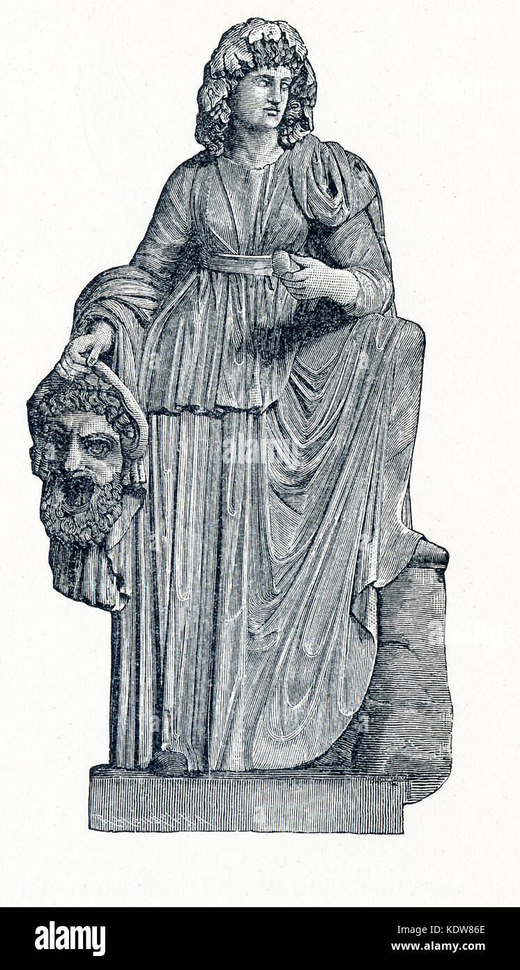 Cette illustration montre les dates de 1898 et la statue de Melpomene au Musée du Vatican. Melpomene a été honoré à titre de la Muse de la tragédie. Dans la mythologie grecque et romaine, les Muses furent de neuf filles de Zeus et de Mnémosyne (déesse de la mémoire). Il y a eu l'honneur que les mécènes des arts et des sciences. Calliope était la muse de la tête, et d'Apollon, le dieu de la prophétie et de la chanson, était leur chef. Banque D'Images