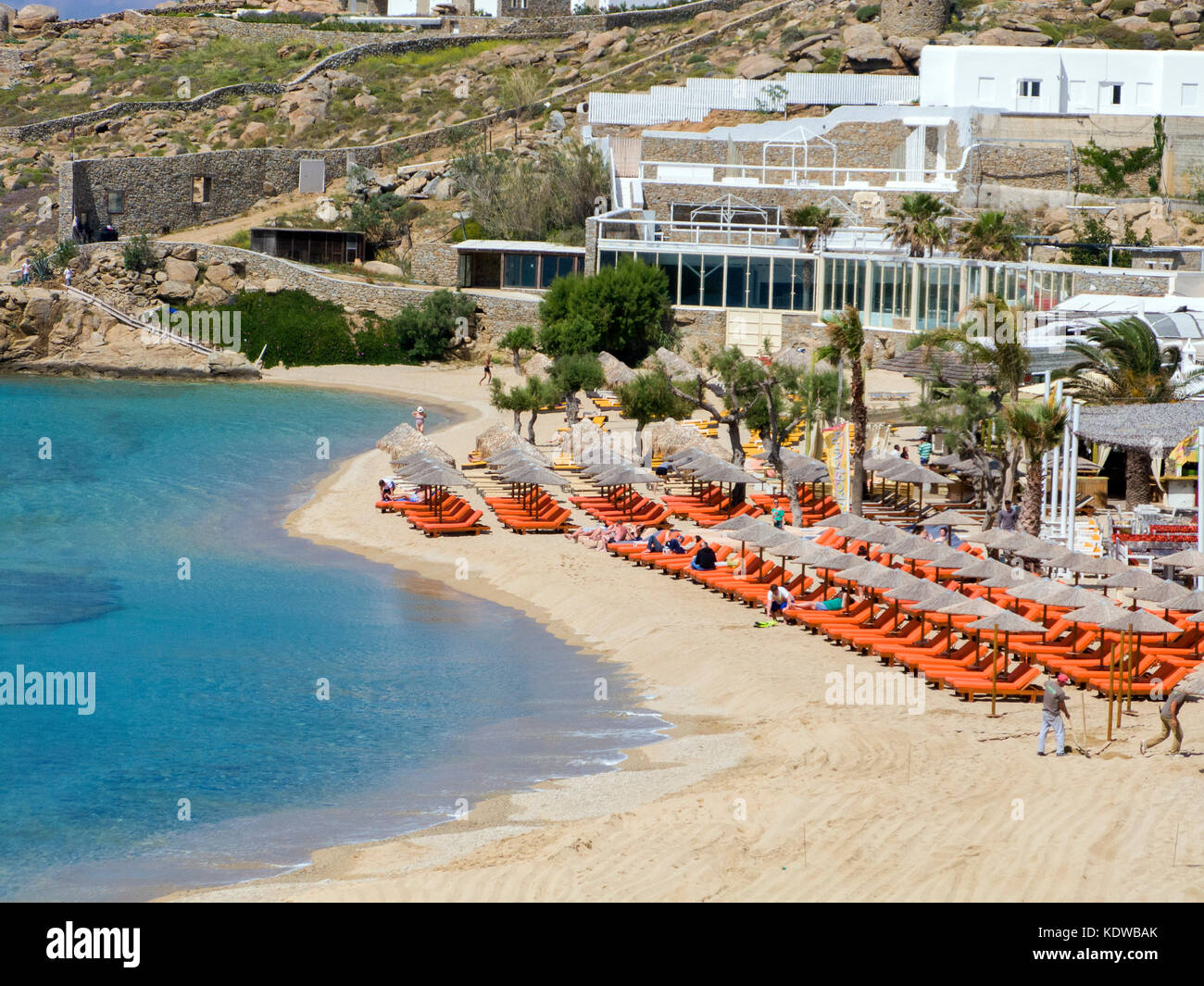 Paradise beach, plage populaire au sud de Mykonos, Cyclades, Mer Égée, Grèce, Europe Banque D'Images