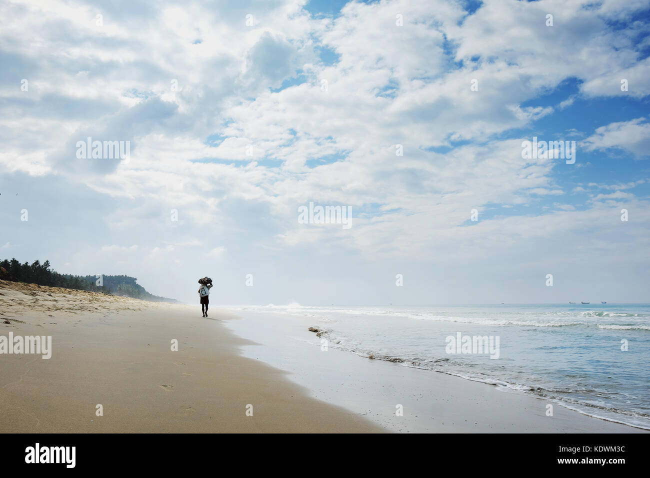 L'Inde. varkala - janvier 27, 2017 : un homme seul avec une charge sur la tête en laissant l'appareil photo le long de la plage le long de l'océan avec de petites vagues calmes et Banque D'Images L'Inde. varkala - janvier 27, 2017 : un homme seul avec une charge sur la tête en laissant l'appareil photo le long de la plage le long de l'océan avec de petites vagues calmes et Banque D'Images