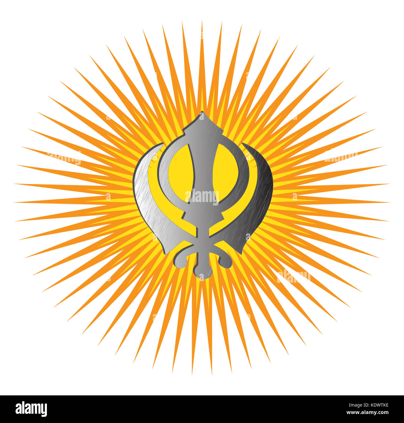 Le principal symbole du sikhisme - sign Khanda faite de métal blanc. Dégradé de rouge et d'or, rayons, illustration isolé Banque D'Images