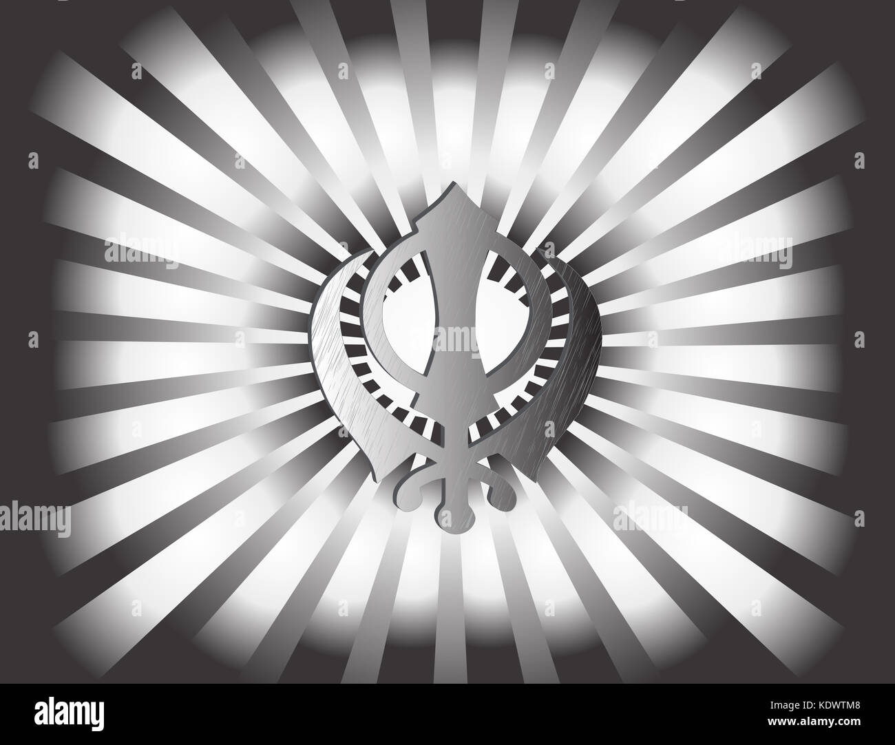 Le principal symbole du sikhisme - sign Khanda faite de métal blanc. Le noir et blanc, rayons gradient illustration Banque D'Images