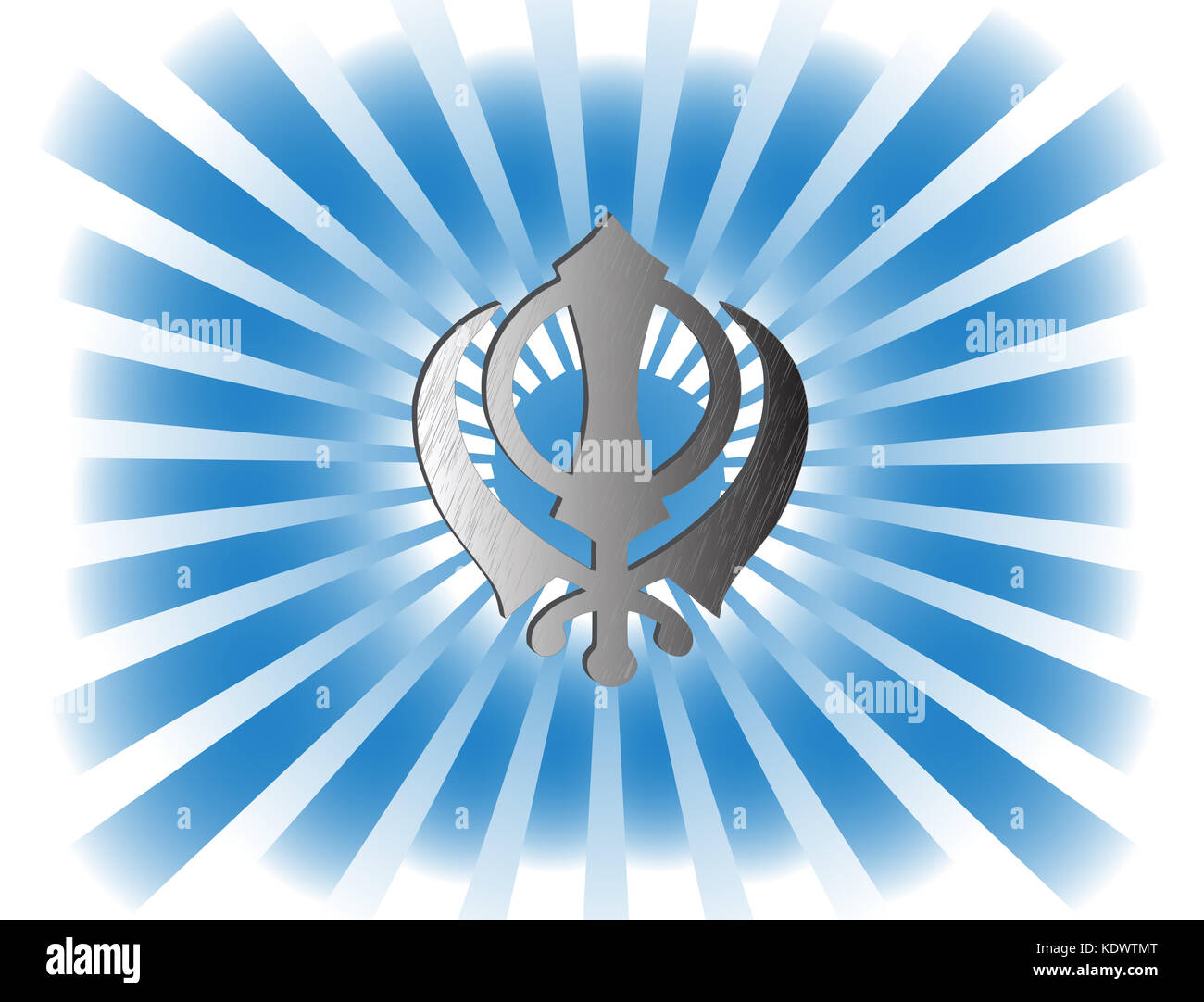 Le principal symbole du sikhisme - sign Khanda faite de métal blanc. Rayons bleus dégradés, illustration Banque D'Images