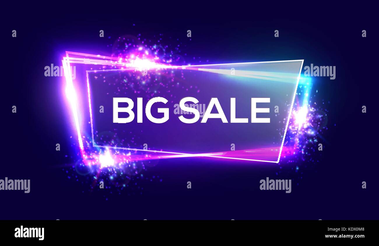 Grosse vente bannière sur fond de verre néon avec plaque transparente. Shopping signe avec torches, scintille, lumière, explosion, feu d'artifice. Club de nuit techno électrique 3d image flou d'escompte vector illustration Illustration de Vecteur Grosse vente bannière sur fond de verre néon avec plaque transparente. Shopping signe avec torches, scintille, lumière, explosion, feu d'artifice. Club de nuit techno électrique 3d image flou d'escompte vector illustration Illustration de Vecteur