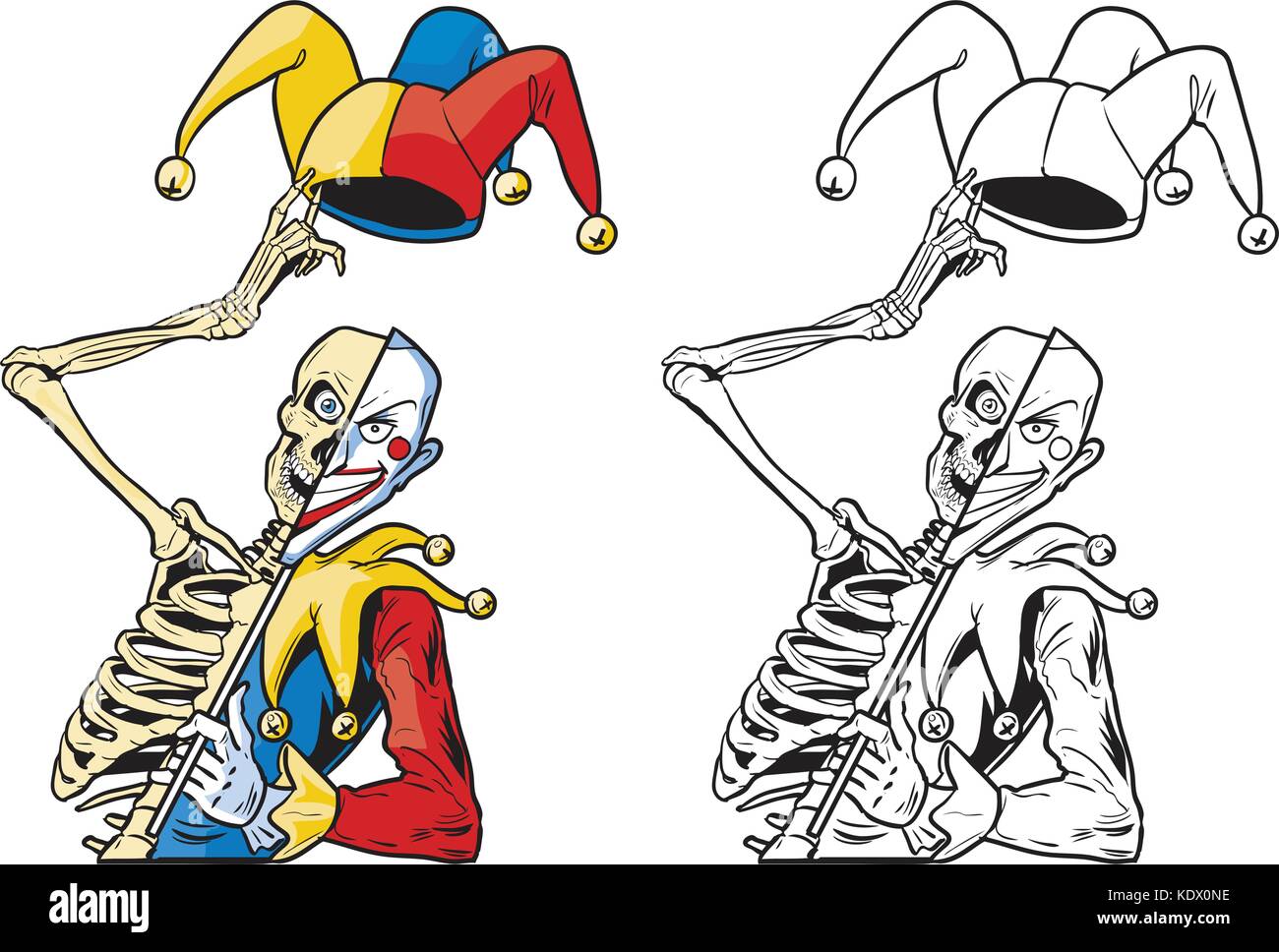 Vector cartoon clip art illustration d'une moitié moitié squelette effrayant ou joker jester ou arlequins basculant la hat avec des cloches et tenant un masque sur une its Illustration de Vecteur