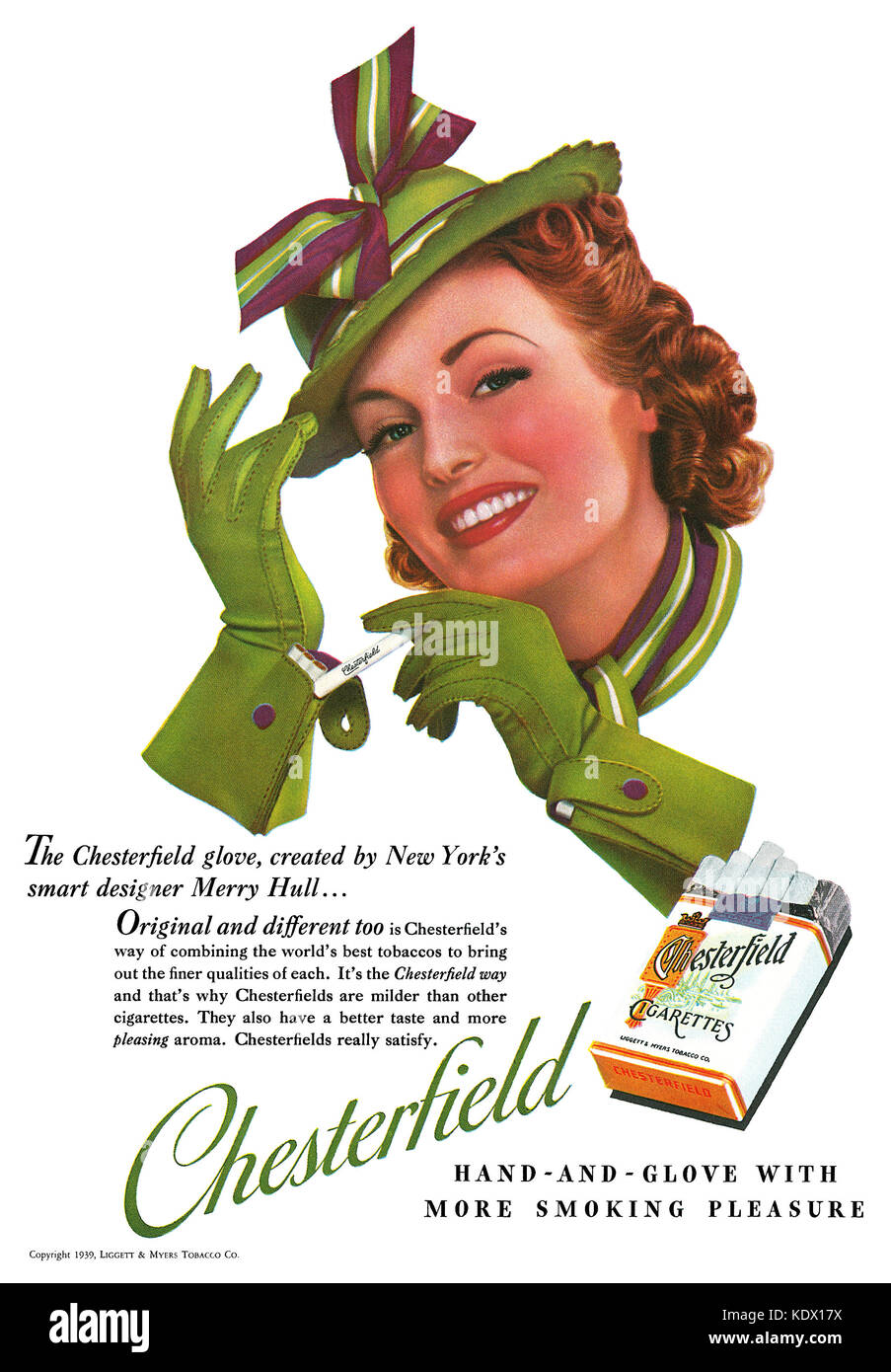 Aux États-Unis 1939 publicité pour les cigarettes Chesterfield. Banque D'Images