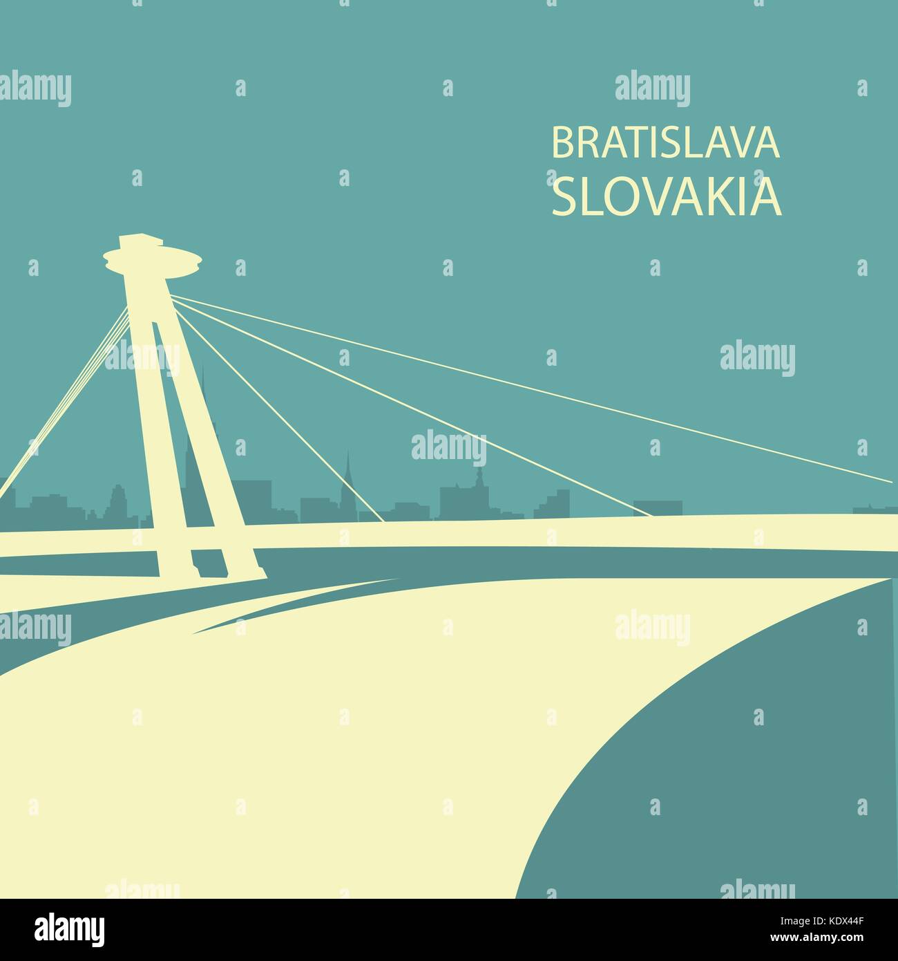 Paysage avec pont de Bratislava, Slovaquie silhouette d'ovnis Illustration de Vecteur