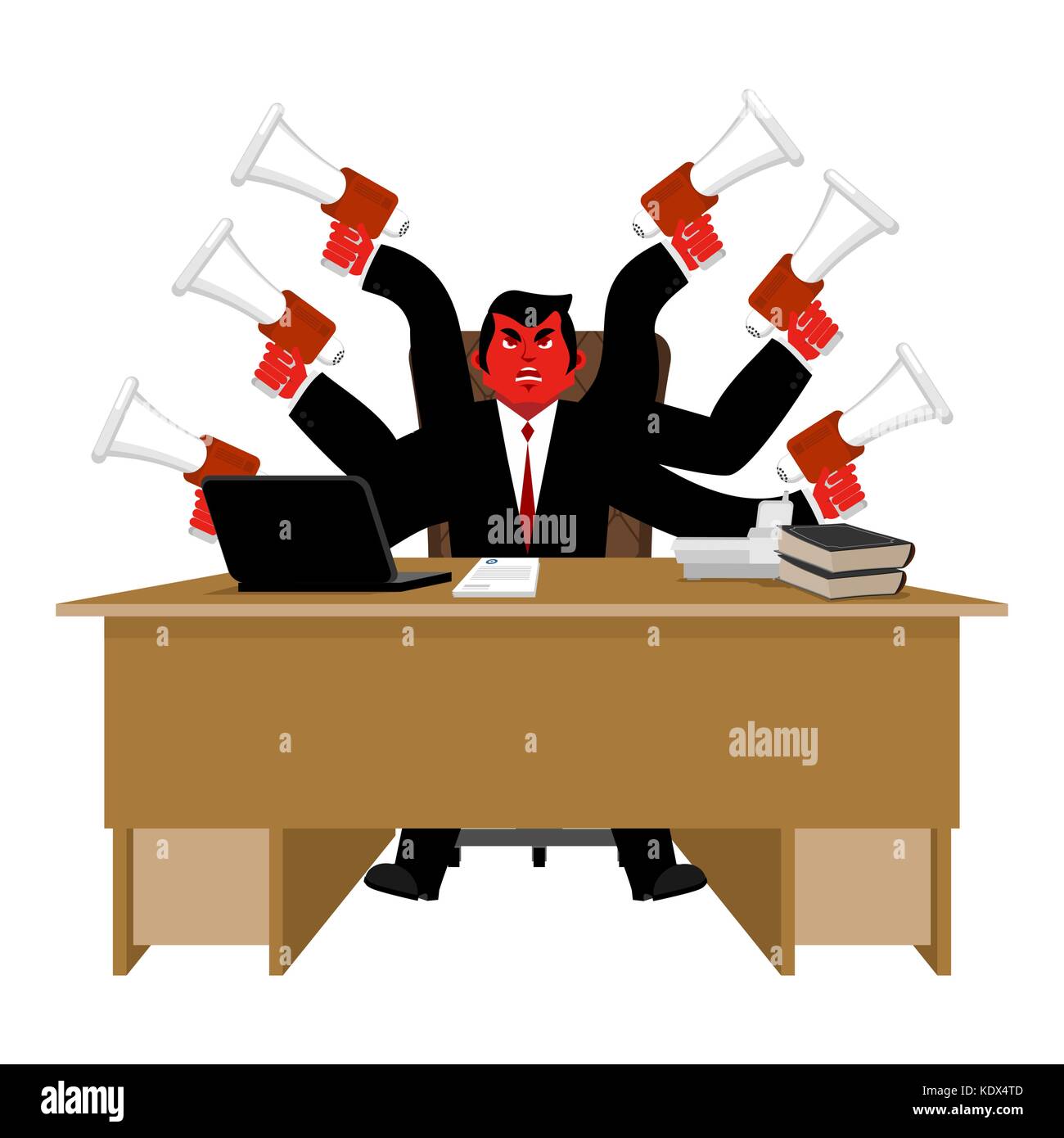 Patron et mégaphone. businessman et beaucoup de mains. directeur par mégaphone gronde. donner des ordres et instructions. chef est mauvais. vector illustratio Illustration de Vecteur