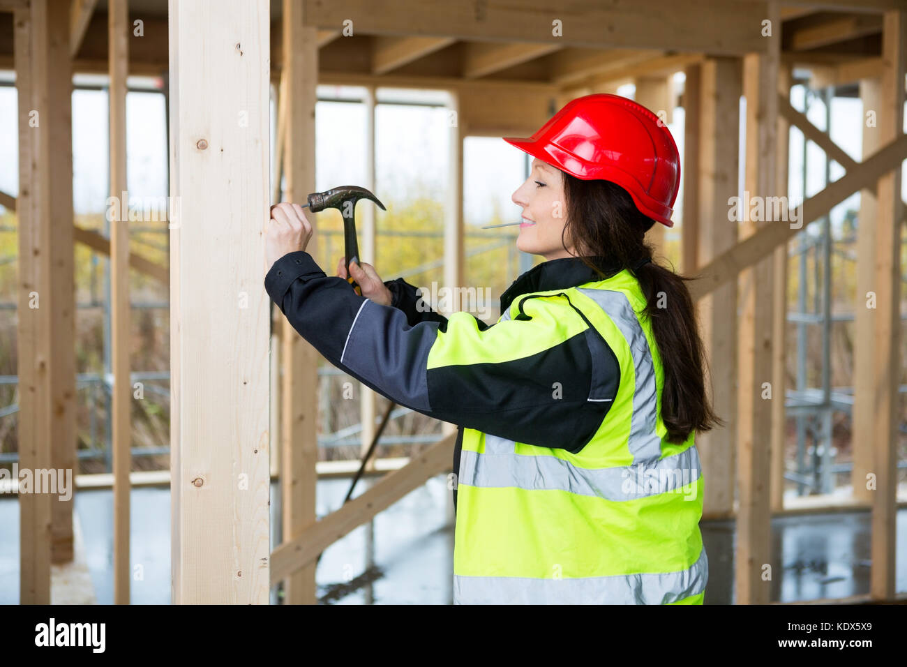 Vue latérale du female carpenter en veste réfléchissante hammering nail dans wood at construction site Banque D'Images