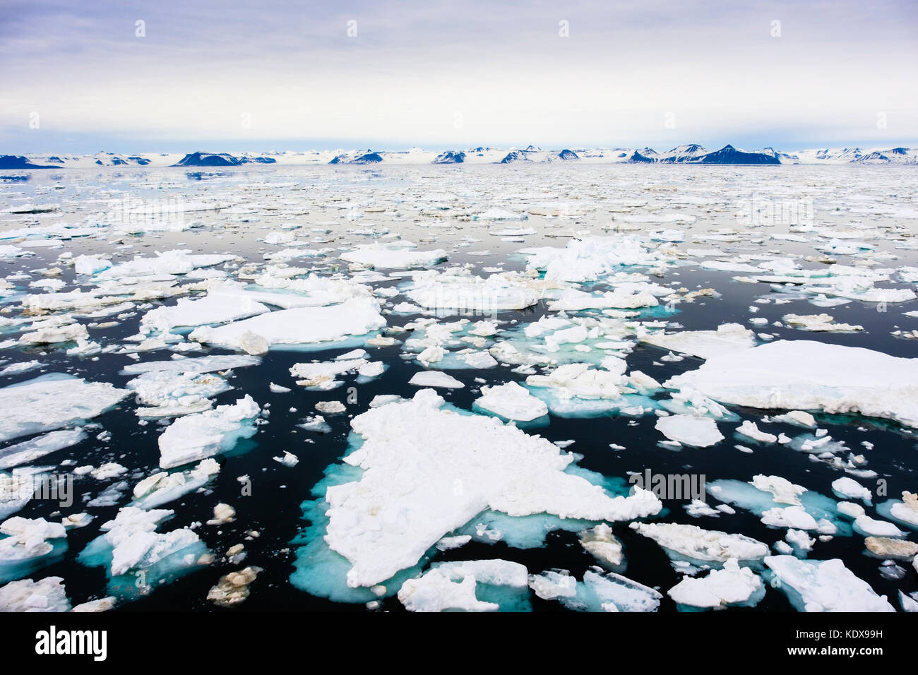 Vue sur mer de glace mer Storfjorden de montagne sur la côte est à 2 h en été arctique. L'île de Spitsbergen, Svalbard, Norvège, Scandinavie Banque D'Images
