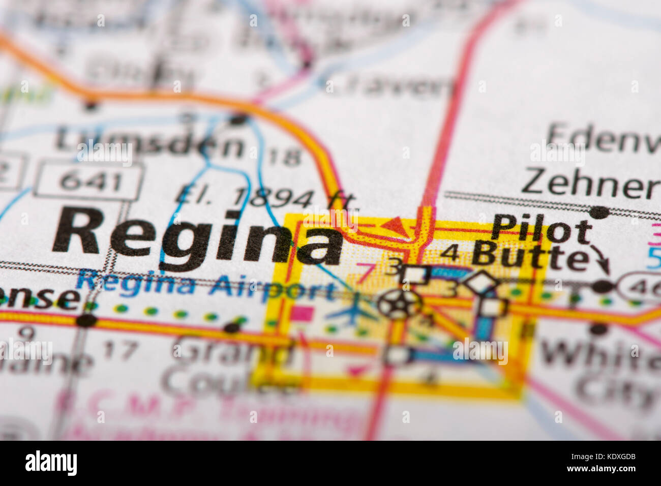 Libre de Regina, Saskatchewan sur une carte routière du Canada. Banque D'Images