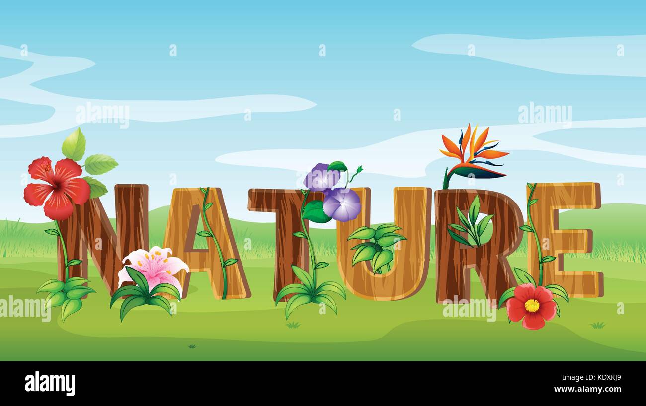 Font design pour mot nature avec de nombreuses fleurs illustration Illustration de Vecteur