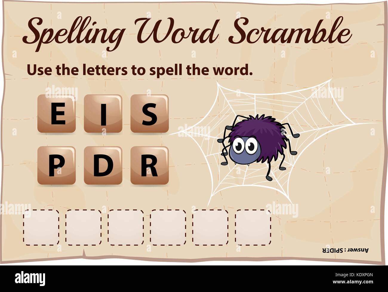 L'orthographe word scramble match pour mot illustration spider Illustration de Vecteur