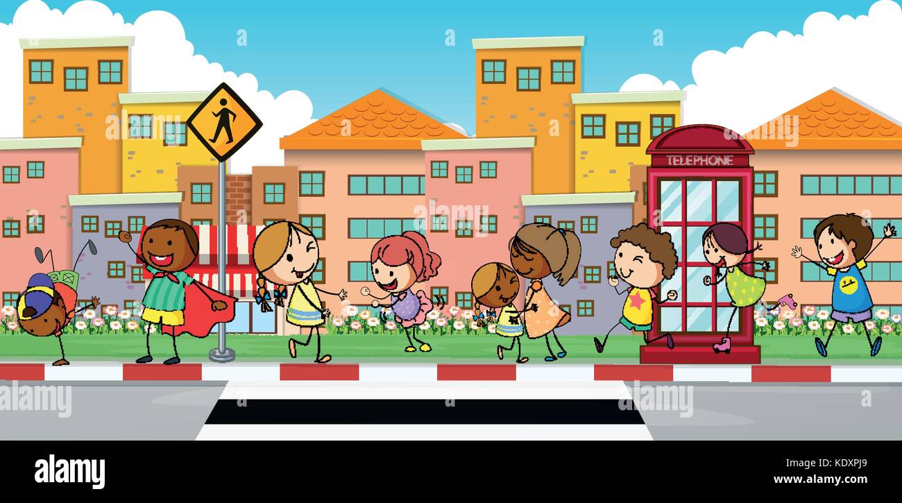 Happy children walking on sidewalk illustration Illustration de Vecteur