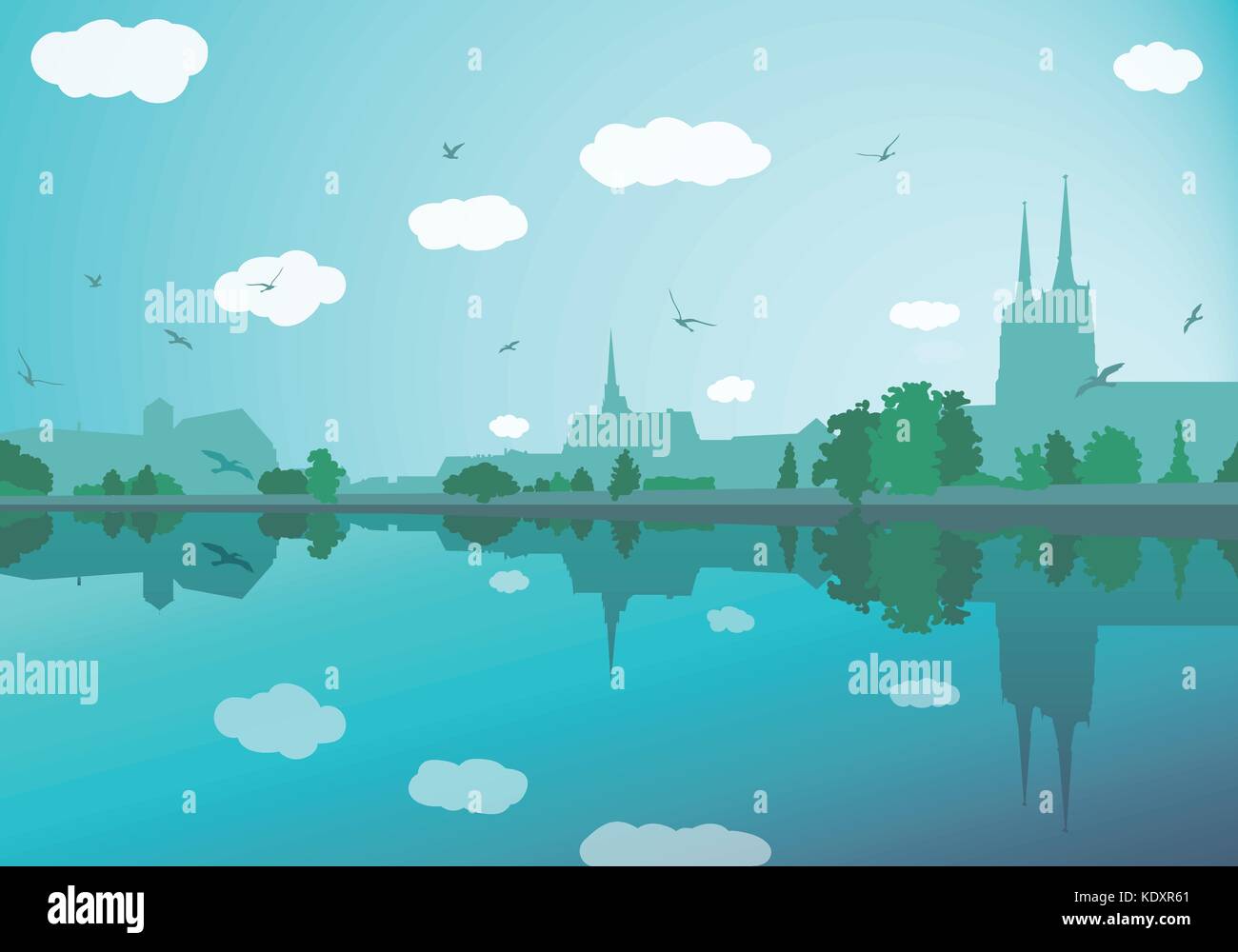 Paysage avec de vieux bâtiments de la ville, rivière, arbres, et les oiseaux du ciel Illustration de Vecteur
