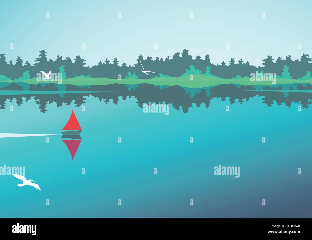 Paysage avec vecteur de lac, forêt et voile Illustration de Vecteur