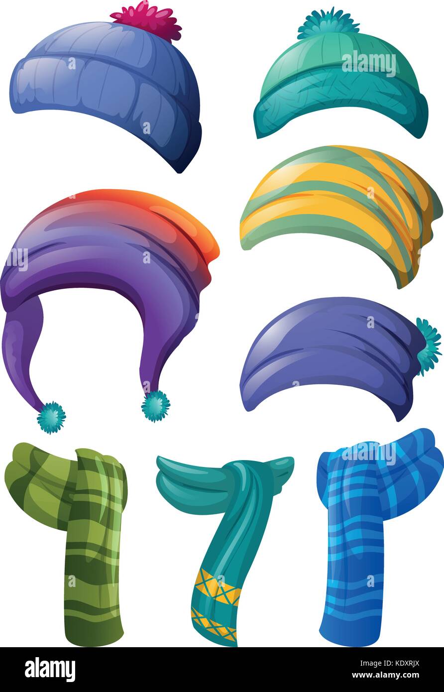 Conception différente de l'hiver, chapeaux et foulards illustration Illustration de Vecteur