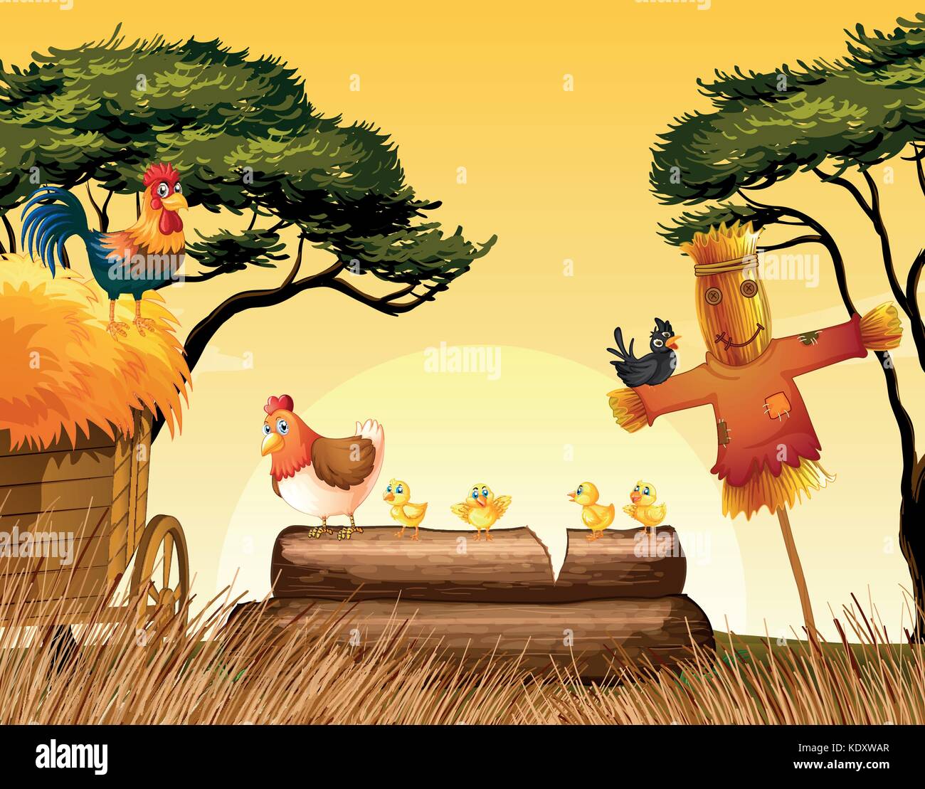Poulets et épouvantail dans le domaine illustration Illustration de Vecteur