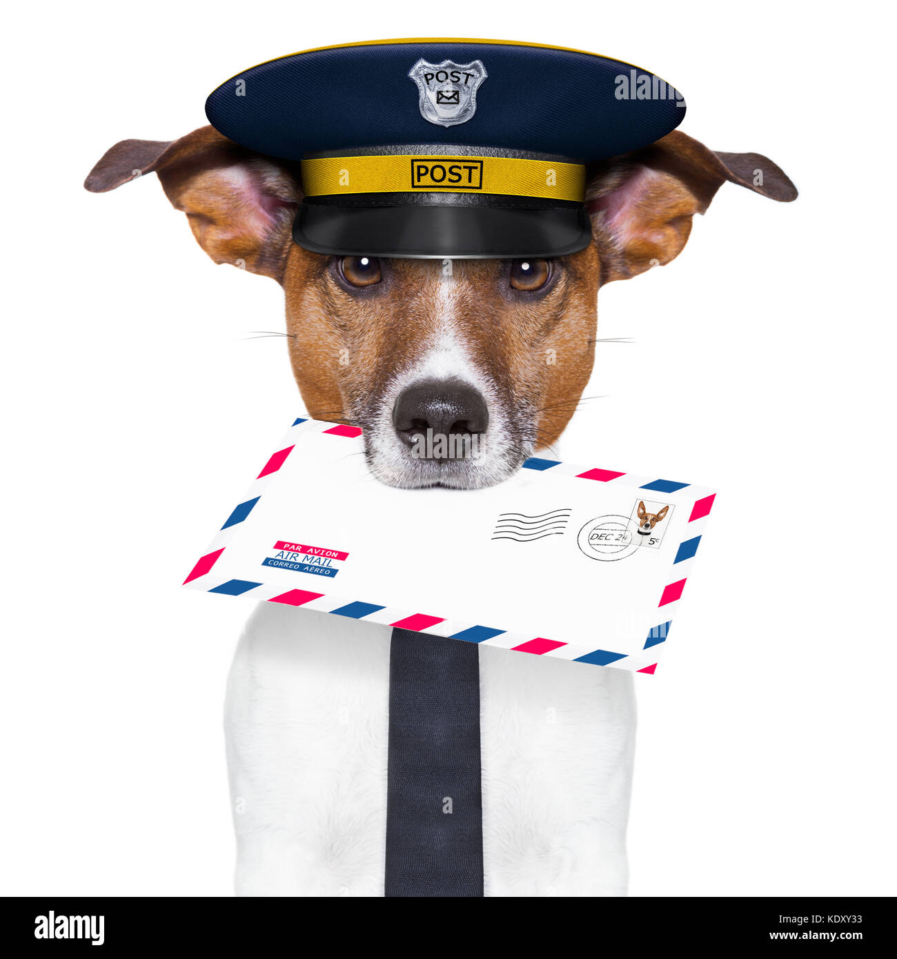 Postman mail chien avec une lettre poste aérienne Banque D'Images