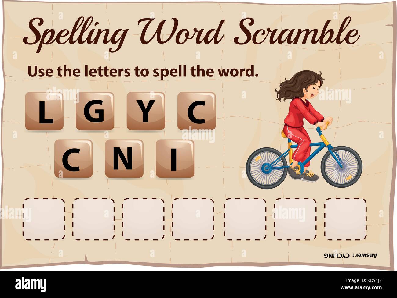 L'orthographe word scramble jeu avec mot vélo illustration Image  Vectorielle Stock - Alamy