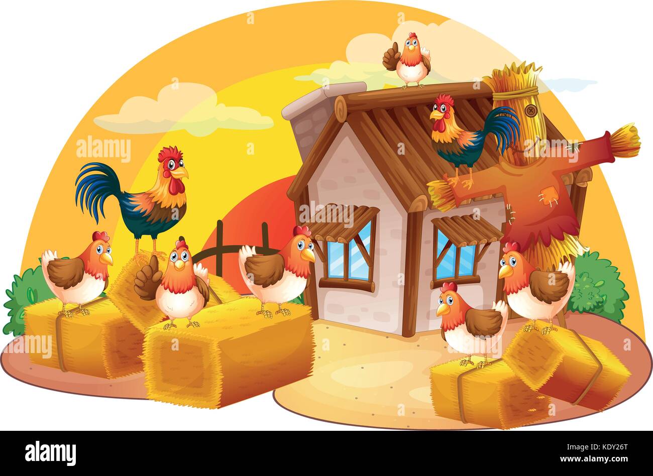 Poulets et épouvantail dans l'illustration de la ferme Illustration de Vecteur