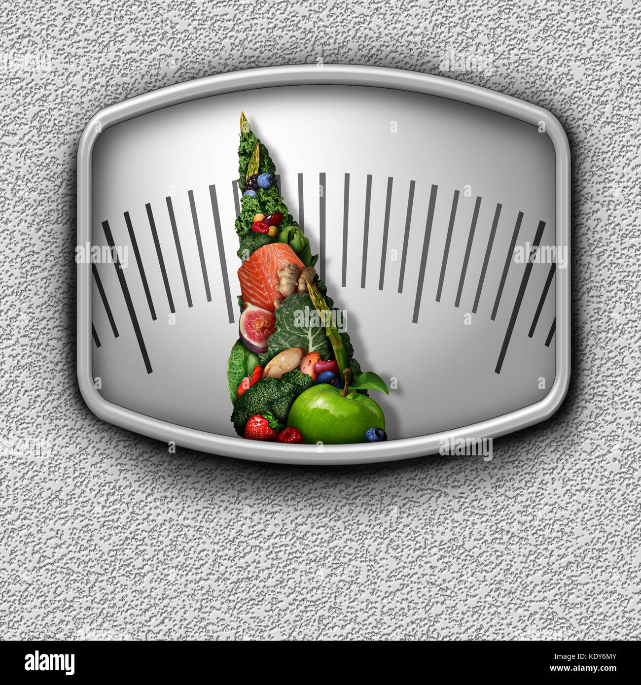 L'alimentation saine à l'échelle de poids comme fruits légumes nutritifs et de protéines sous forme d'une aiguille cadran de mesure comme un concept de contrôle d'alimentation. Banque D'Images