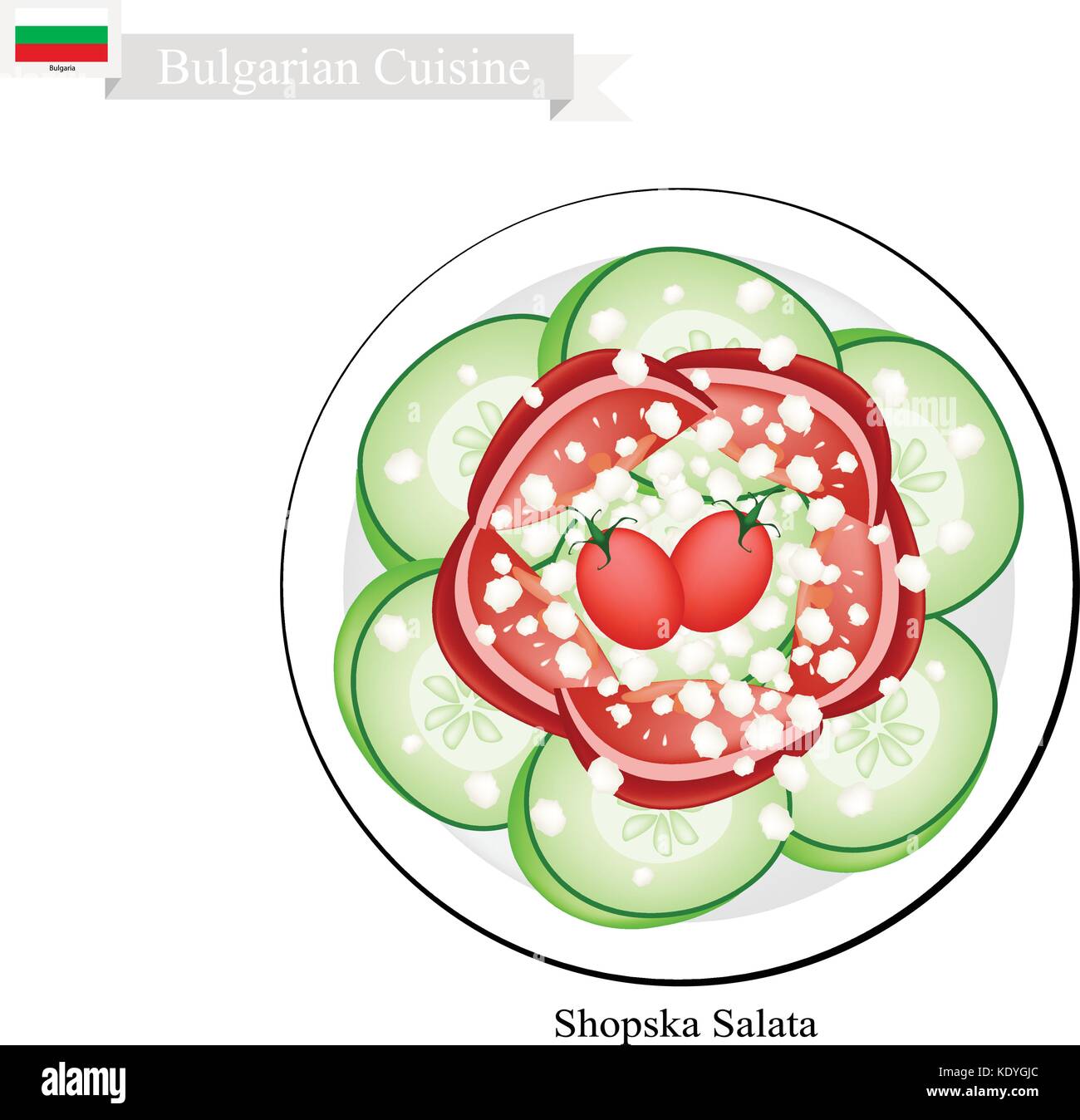 La cuisine bulgare, illustration de salade shopska salata shopsky ou faite de tomates, concombres et fromage feta. L'un des plus célèbre plat en bulgari Illustration de Vecteur