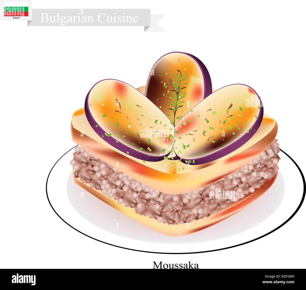 Une cuisine bulgare traditionnelle, la moussaka ou des tranches d'aubergine cuites dans une sauce crémeuse avec du boeuf haché sauce blanche. L'un des plus célèbre plat en bulgar Illustration de Vecteur