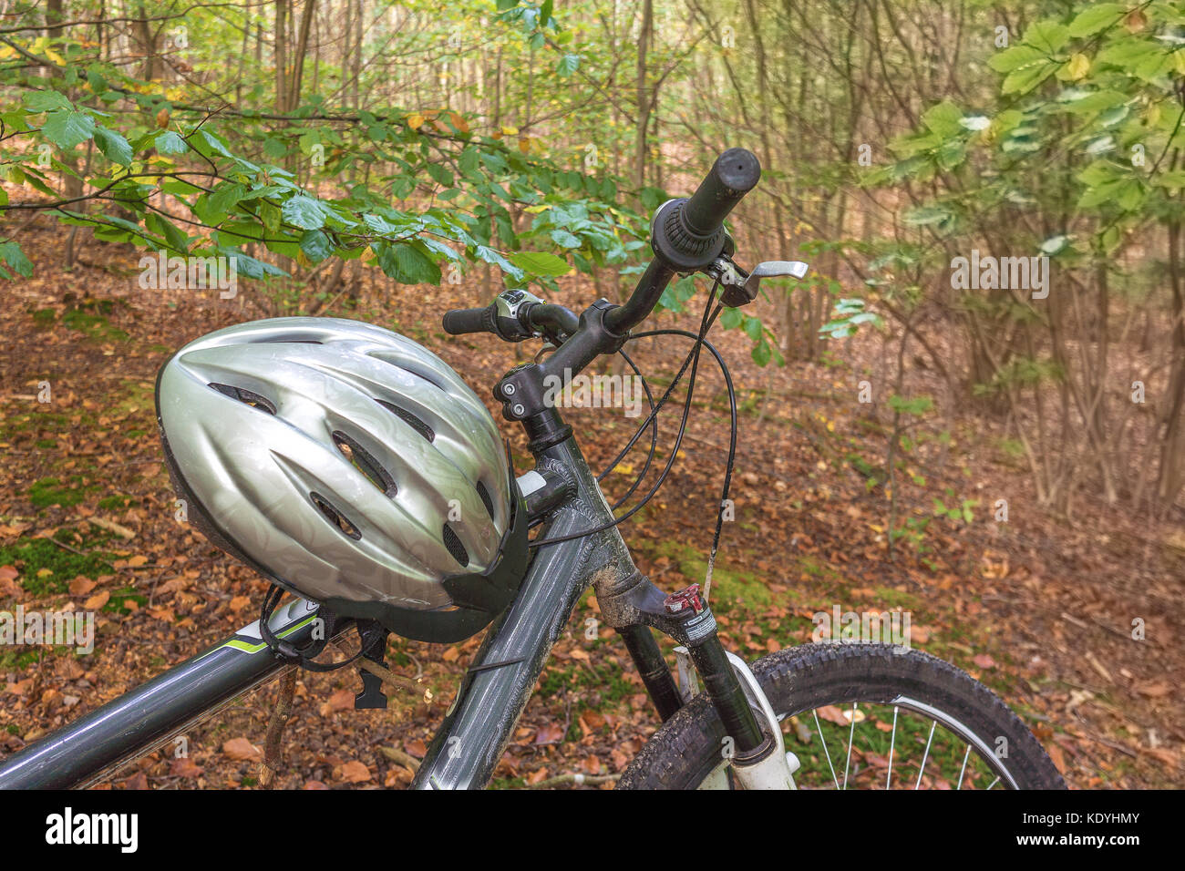 Mountainbike avec un casque d'argent dans la forêt, le Danemark, le 16 octobre 2017 Banque D'Images