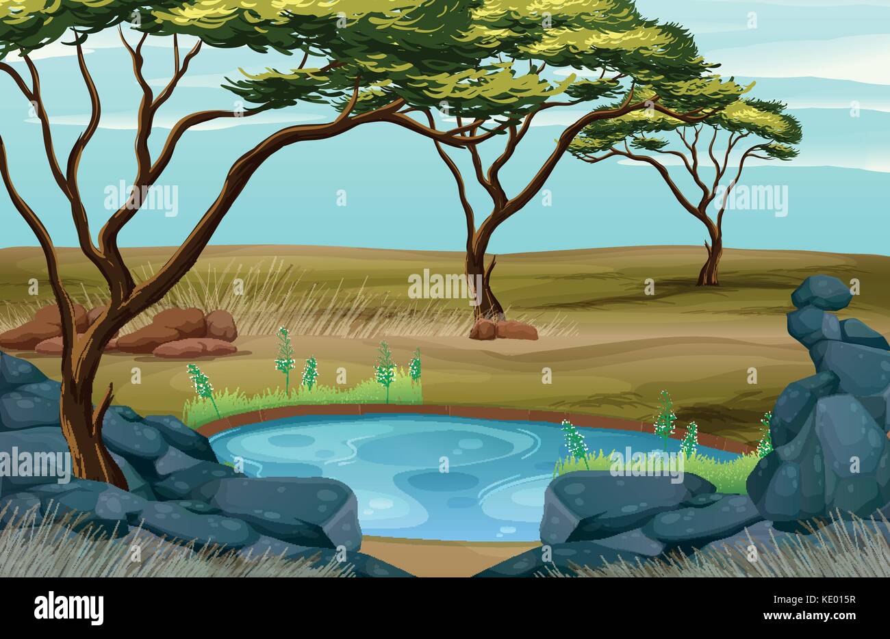 Scène avec petit étang dans le domaine illustration Illustration de Vecteur