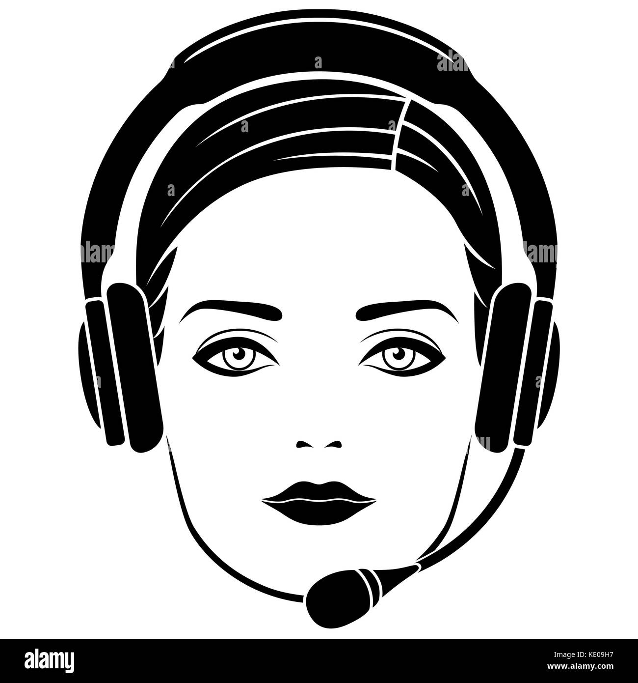 Tête de jeune fille de race blanche dans les écouteurs avec microphone noir, contours vectoriels isolé sur fond blanc Illustration de Vecteur