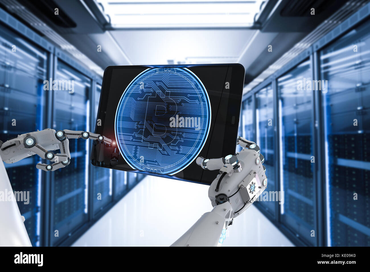 Le rendu 3d avec travail du robot dans la salle serveur bitcoin Photo Stock  - Alamy